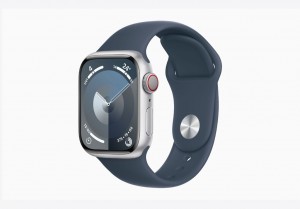 Apple Watch Series 9 GPS + Cellular 45mm Silver Aluminium Case with Storm Blue Sport Band - S/M