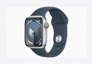 Apple Watch Series 9 GPS + Cellular 45mm Silver Stainless Steel Case with Storm Blue Sport Band - M/L