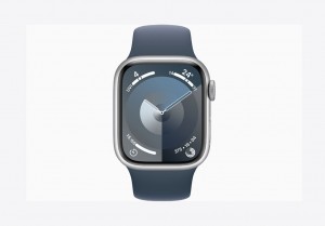 Apple Watch Series 9 GPS + Cellular 45mm Silver Stainless Steel Case with Storm Blue Sport Band - M/L